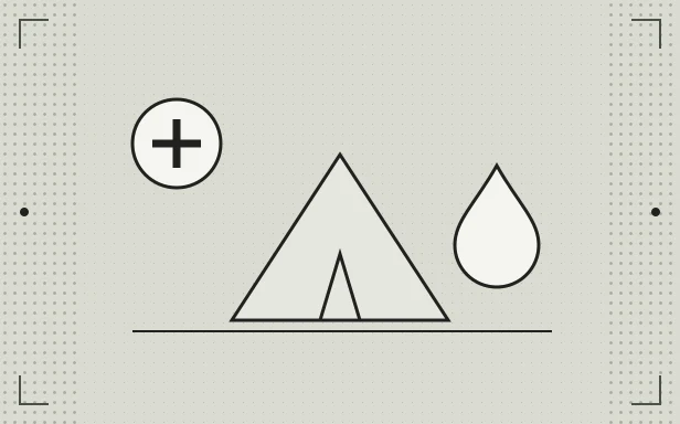 A shelter tent, a water drop and an aid sign